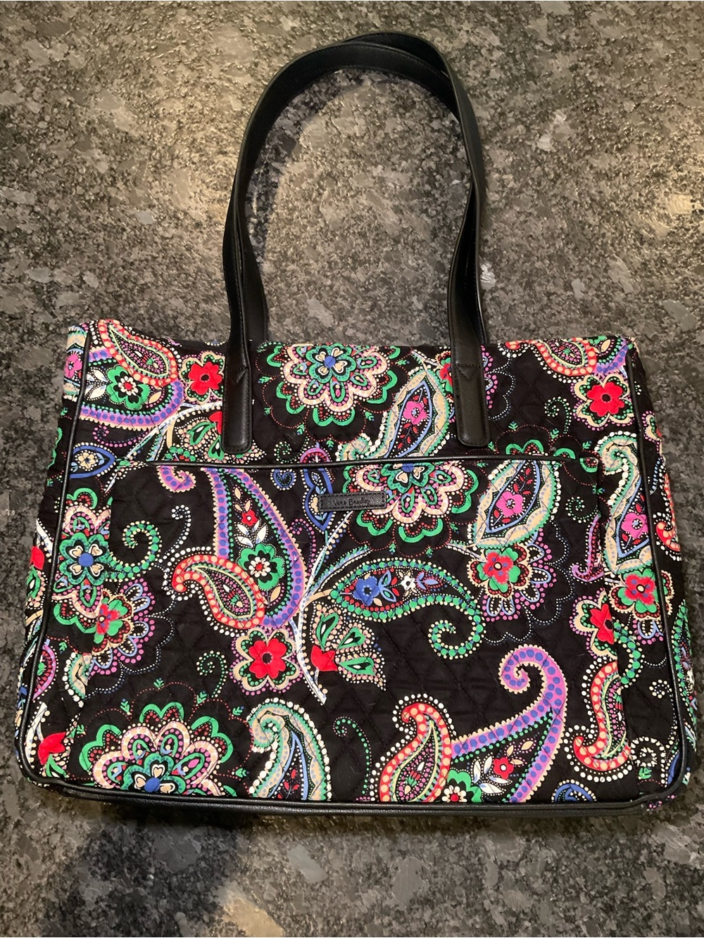 Vera Bradley Black Quilted Computer Tote with Bright Paisley Floral Print